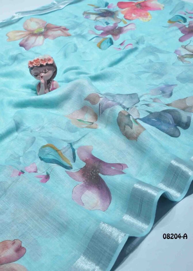 Frozen -08204-A  SkyBlue Color Beautiful Floral Print Linen Cotton Saree CM1253823 (LR7E)