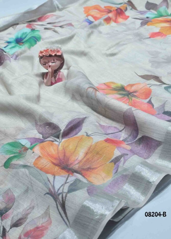 Frozen -08204-B  Clay Grey Color Beautiful Floral Print Linen Cotton Saree CM1253823 (LR7E)