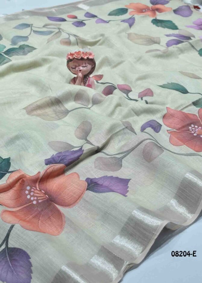 Frozen -08204-E  Light Sage Green Color Beautiful Floral Print Linen Cotton Saree CM1253823 (LR7E)