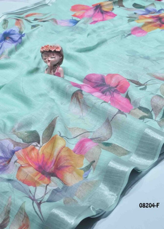 Frozen -08204-F  Aquamarine Green Color Beautiful Floral Print Linen Cotton Saree CM1253823 (LR7E)