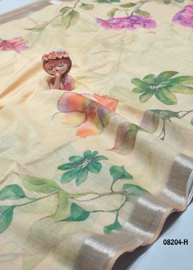 Frozen -08204-H  Bisque Yellow Color Beautiful Floral Print Linen Cotton Saree CM1253823 (LR7E)