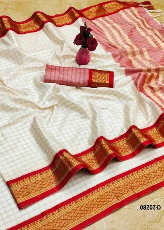 Vyanka -08207-D  Halfwhite With Red Color Checked Woven Design Cotton Silk Saree CM1251579 (LR1C)
