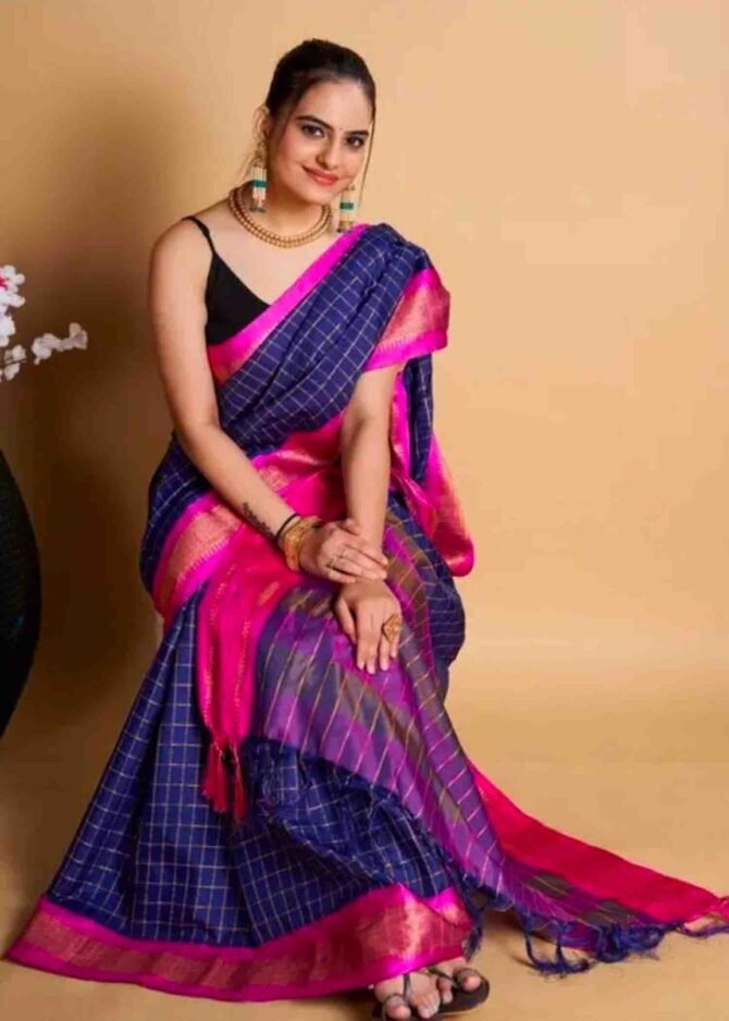 Vyanka -08207-E NavyBlue  Color Checked Woven Design Cotton Silk Saree CM1251579 (LR1C)