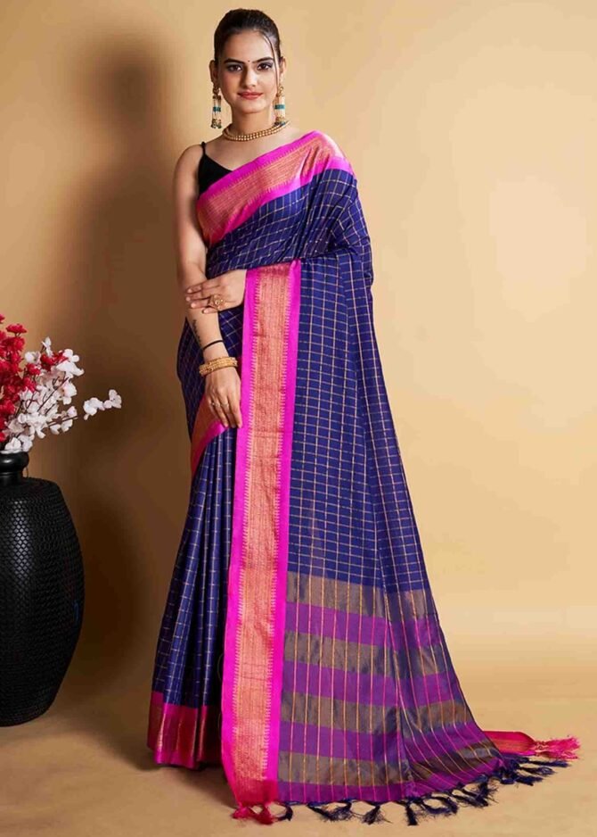 Vyanka -08207-E NavyBlue  Color Checked Woven Design Cotton Silk Saree CM1251579 (LR1C)