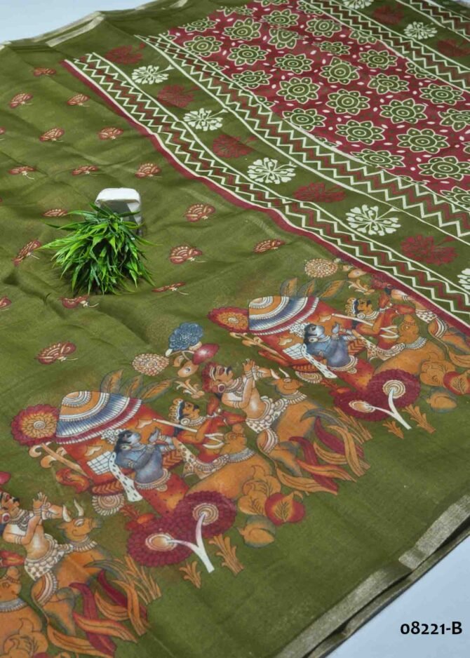 Deepika -08221-B  Army Green Color Kalamkari Print Synthetic Cotton Saree CM1255853 (RR5D)