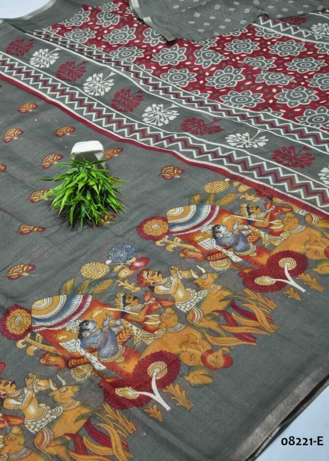 Deepika -08221-E  Grey Color Kalamkari Print Synthetic Cotton Saree CM1255853 (RR5D)