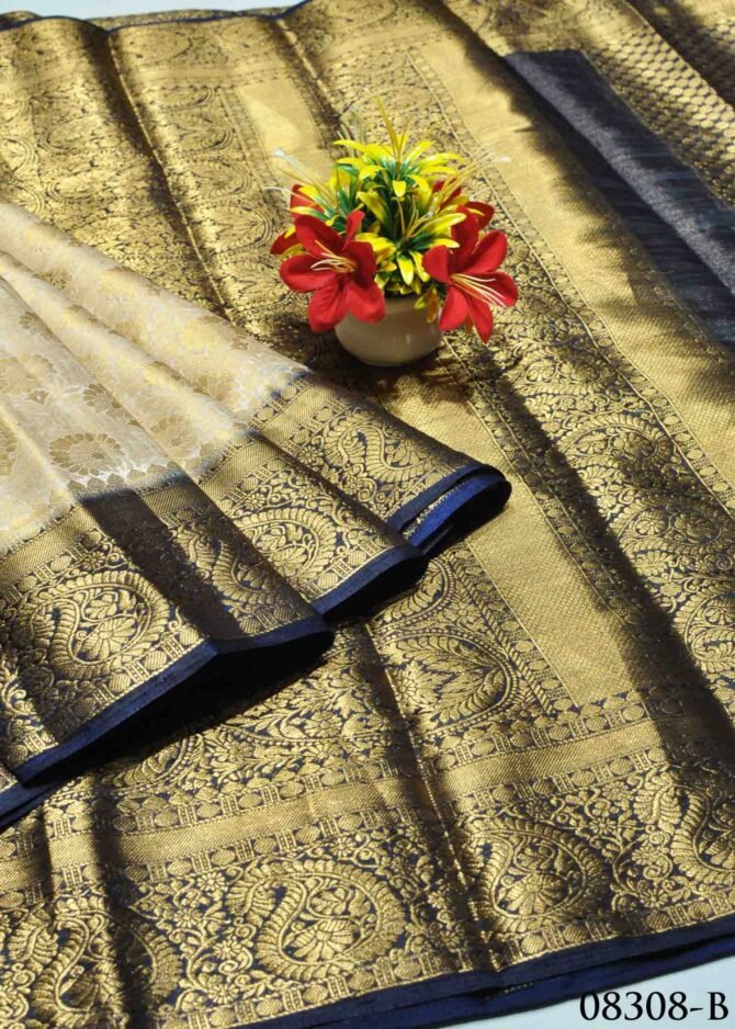 Dheerthana -08308-B Ivory With Navy Blue Color Rich Look Raw Silk Saree CM1270982 (LR2C)