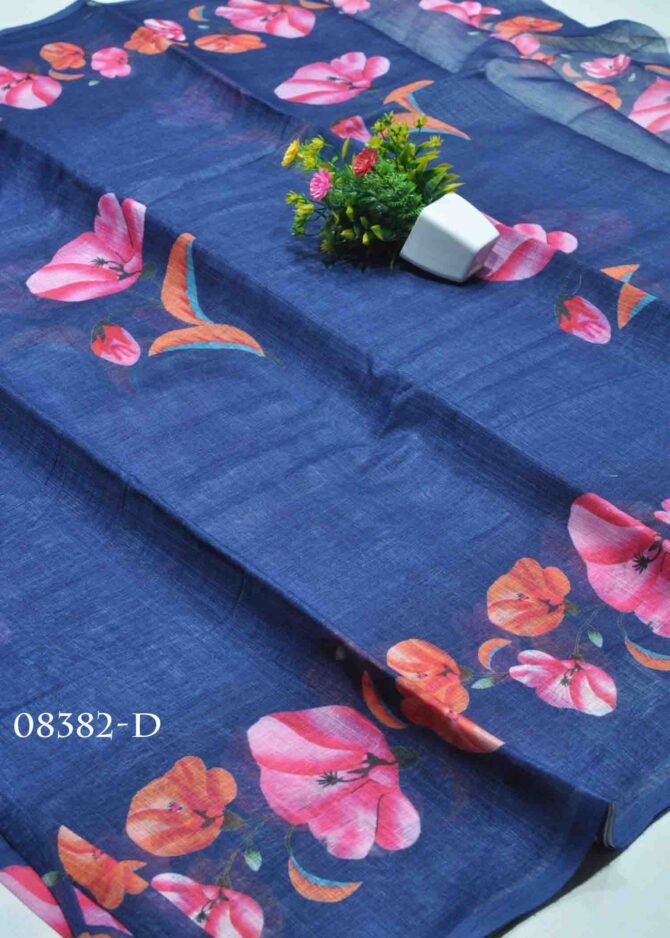 Druvika -08382-D Prussian Blue Color Floral Printed Linen Cotton Saree CM1252900 (LR6D)