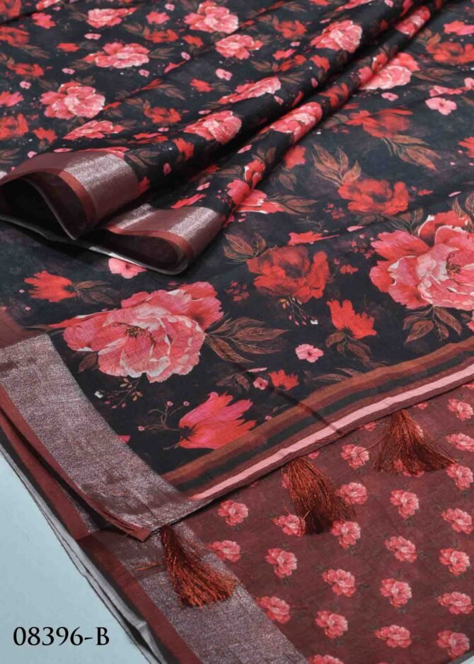 Amudhini -08396-B  Black Color Beautiful Floral Printed Linen Cotton Saree CM1261066 (LR7E)
