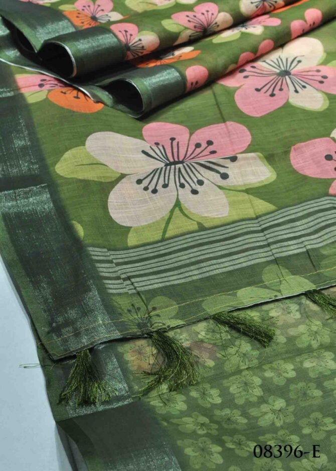 Amudhini -08396-E Grasshopper Green Color Beautiful Floral Printed Linen Cotton Saree CM1261066 (LR7E)