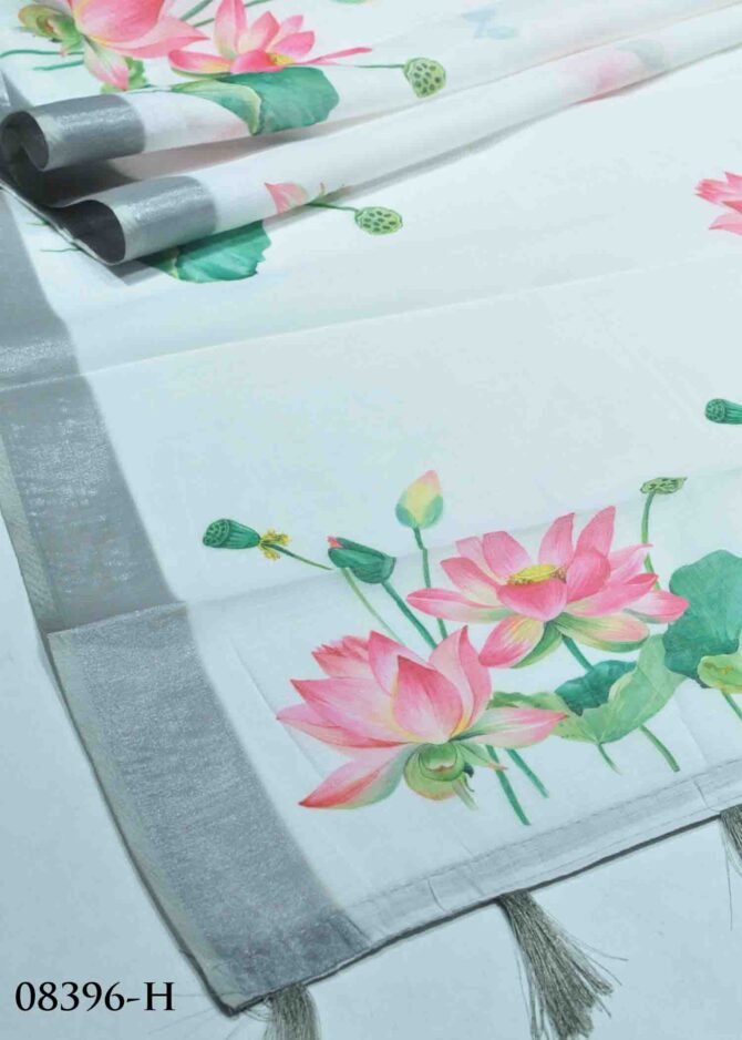 Amudhini -08396-H White Color Beautiful Floral Printed Linen Cotton Saree CM1261066 (LR7E)