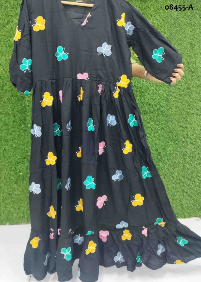 Sunshine - 08455-A  Black Color Cotton  Fit And Flare Midi Dress with Butterfly Print CM1256507 (RR1B)