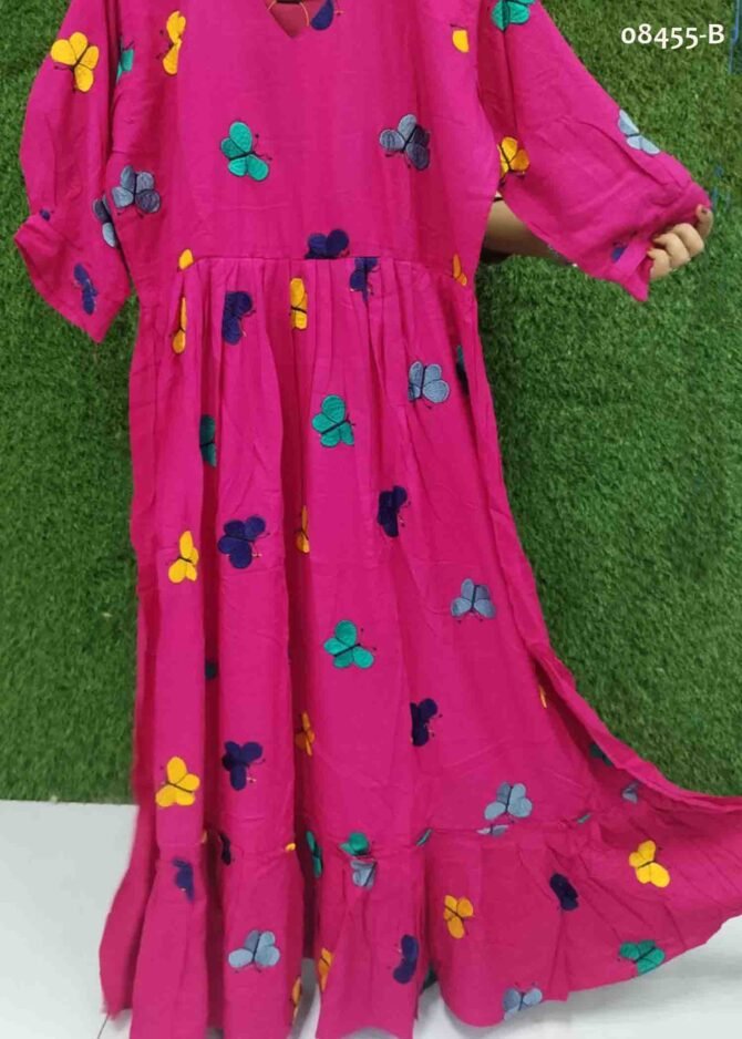 Sunshine - 08455-B  Pink Color Cotton  Fit And Flare Midi Dress with Butterfly Print CM1256507 (RR1B)