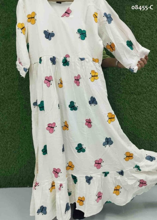 Sunshine - 08455-C  Halfwhite Color Cotton  Fit And Flare Midi Dress with Butterfly Print CM1256507 (RR1B)