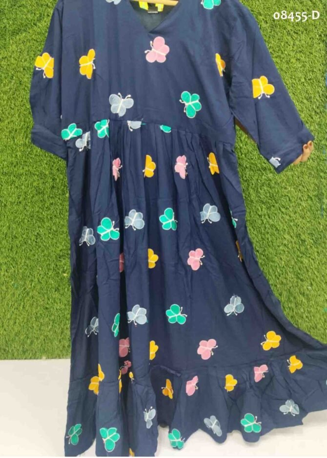 Sunshine - 08455-D  NavyBlue Color Cotton  Fit And Flare Midi Dress with Butterfly Print CM1256507 (RR1B)