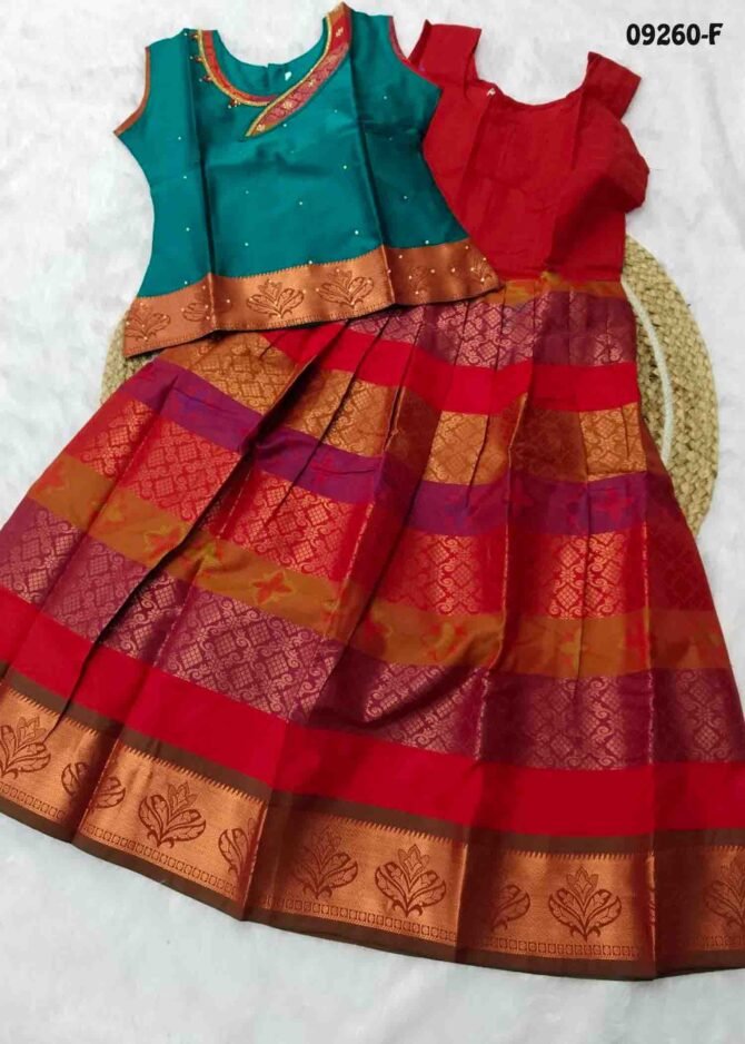 Adhisakthi-09260-F  PeacockGreen Color Readymade Banarasi Pavadai Sattai 7 to 8 Year CM1287569 (LR2C)