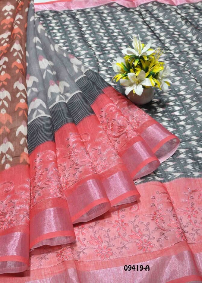 Tanvi - 09419-A  Grey Color Linen Cotton Saree CM1282146 [LR6E]