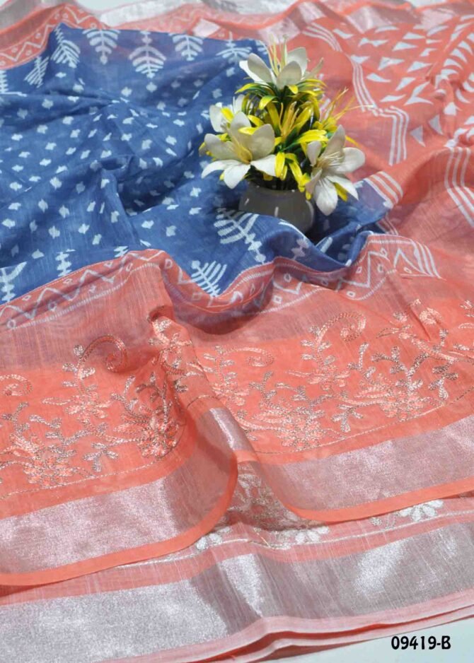Tanvi  - 09419-B  PrussianBlue  Color Linen Cotton Saree CM1282146 [LR6E]