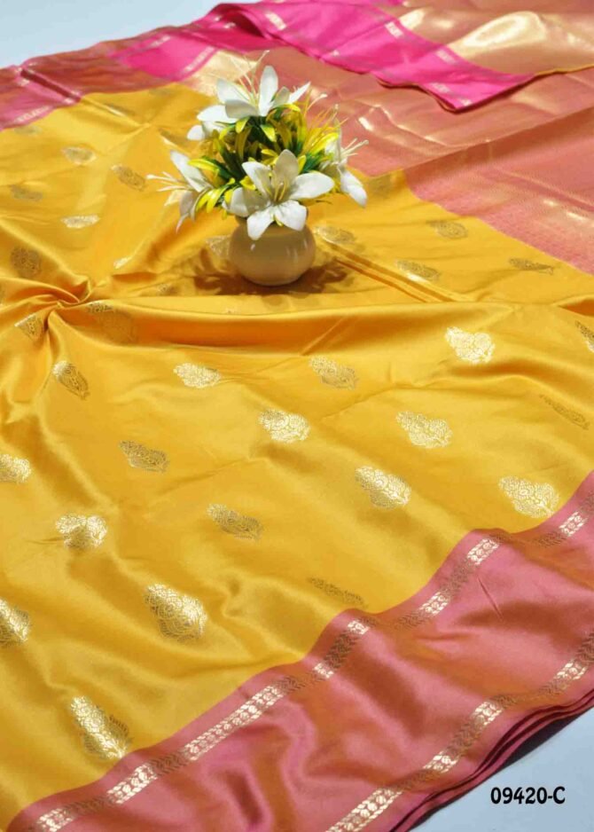 Brianna - 09420-C  Yellow (Double shade) Buta Silk handwoven Banarasi Silk Saree CM1263686 (LR3C)