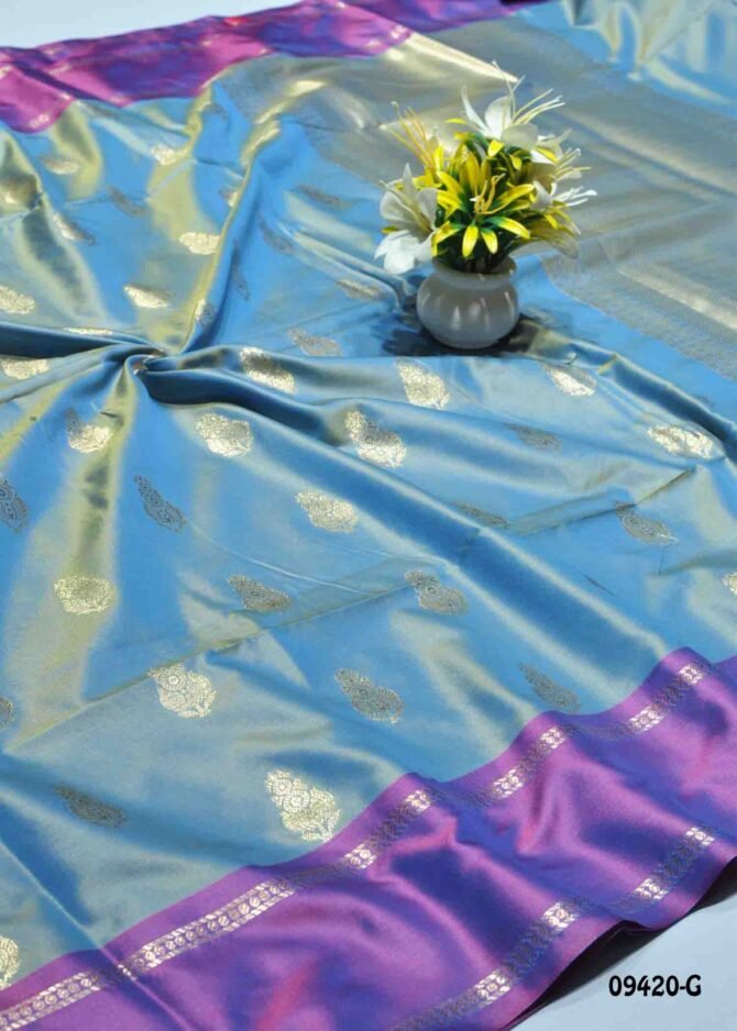Brianna - 09420-G  SteelBlue (Double shade) Buta Silk handwoven Banarasi Silk Saree CM1263686 (LR3C)