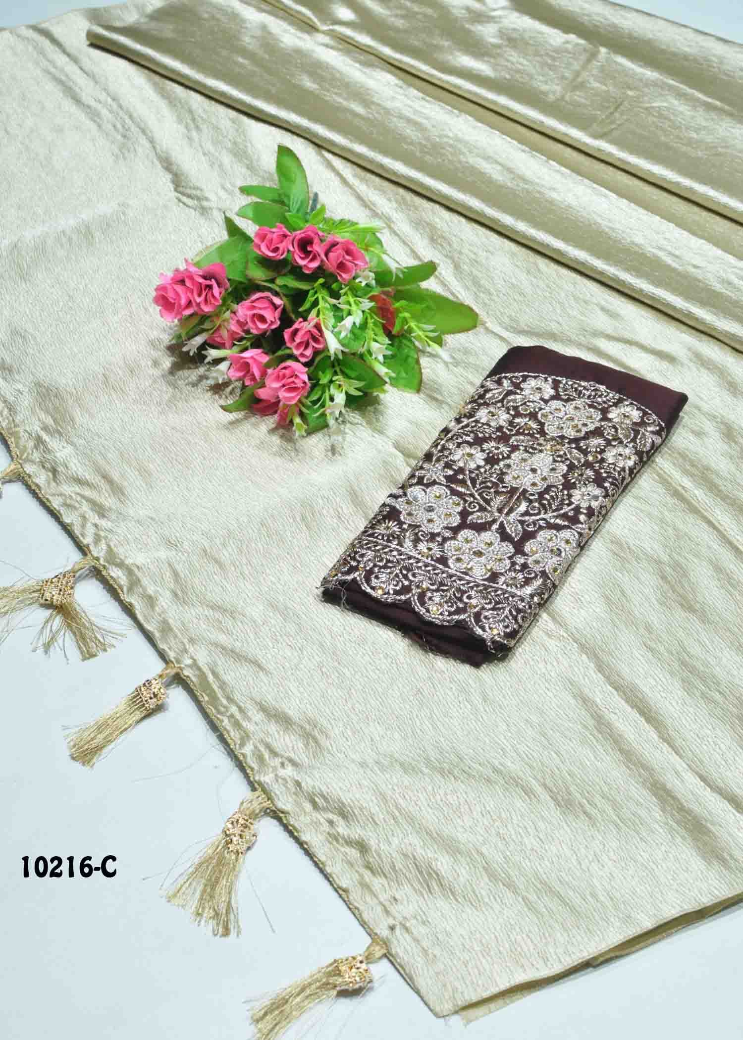 Devika - 10216-C Tan Color Crushed Satin Saree CM1303918 (LR8C)