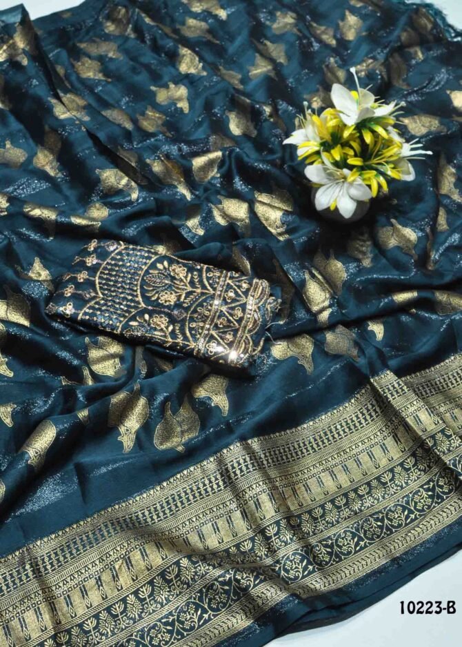 Aaradhya -10223-B  PeacockGreen Color New Arrival FoilPrint Chiffon Saree CM1278330 (RR11C)