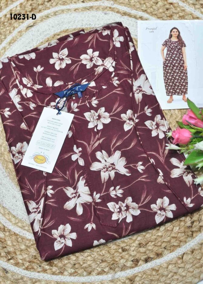 Praneetha -10231-D  [L]  Maroon Color (Pranjul Brand) Cotton Readymade Pocket Nighty CM1306129 (LR1B)