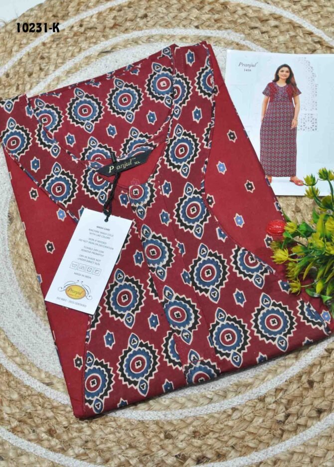 Kayal -10231-K  [L]  Maroon Color (Pranjul Brand) Cotton Readymade Pocket Nighty CM1306129 (LR1B)