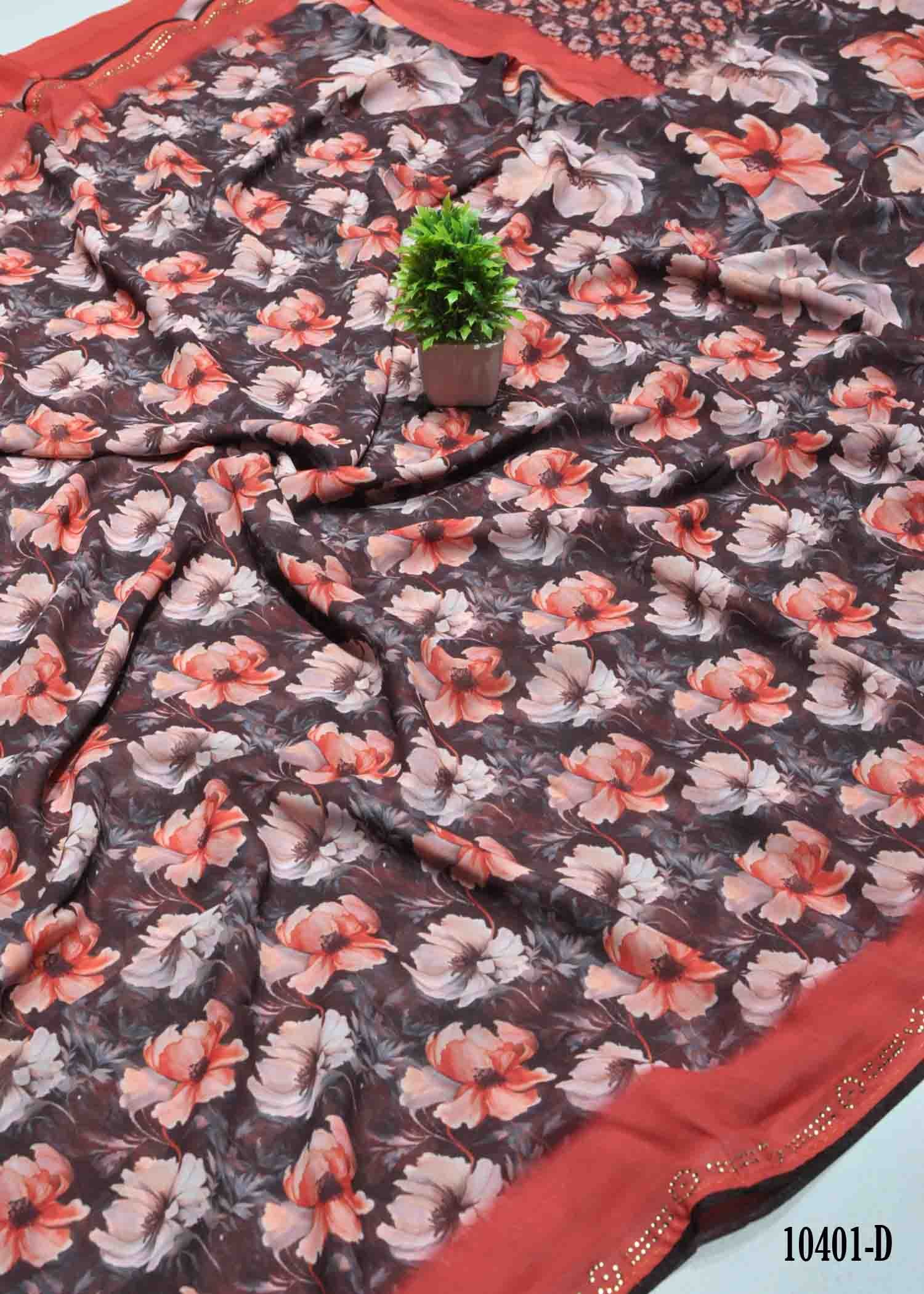 Sunshine - 10401-D Brown Color Shine Digital Chiffon Saree CM1296087 (LR10D)