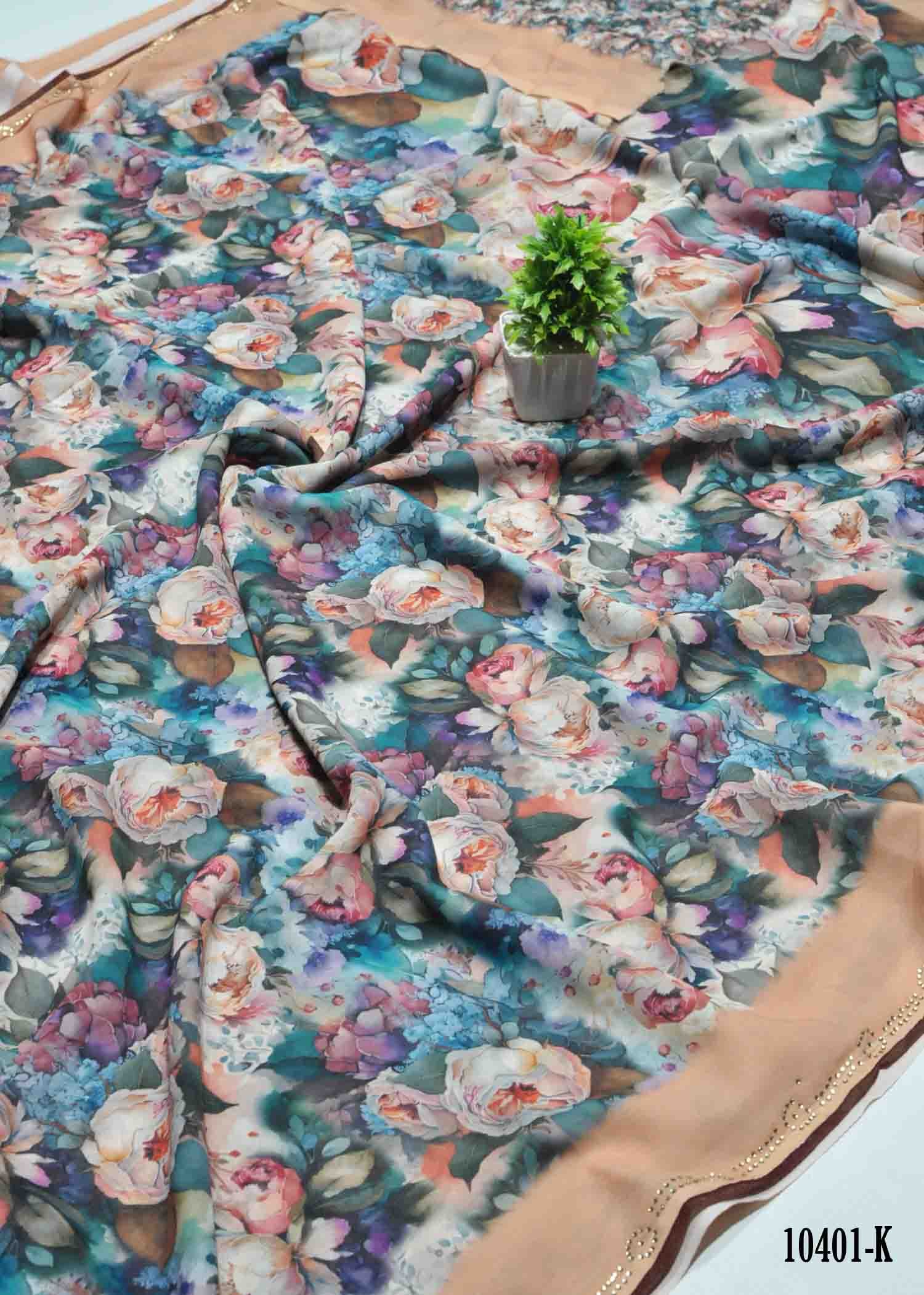 Sunshine - 10401-K Tan Color Shine Digital Chiffon Saree CM1296087 (LR10D)