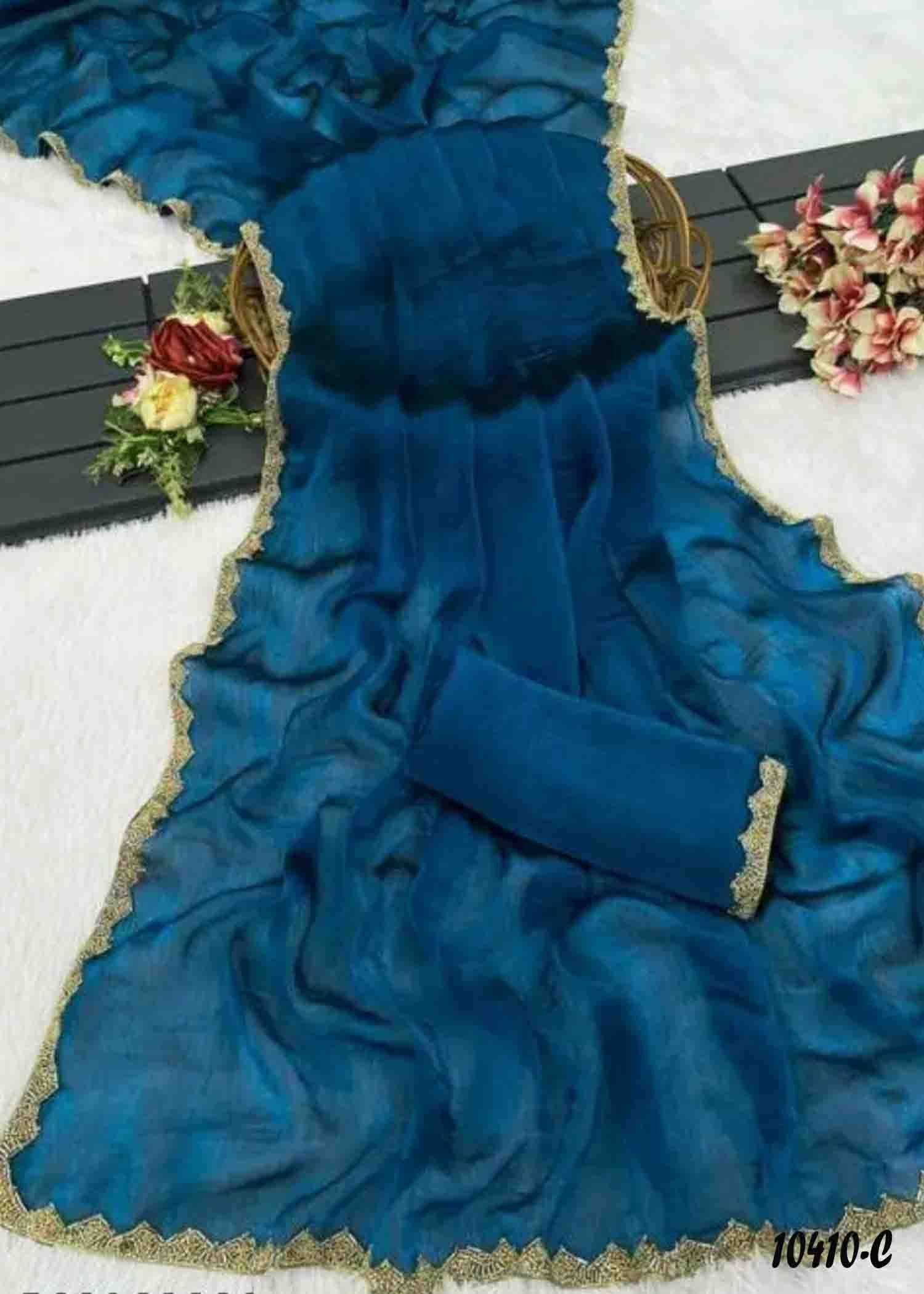 Arunya - 10410-C PeacockBlue Color Beautiful Plain Space Silk Saree CM1305855 (LR8D)