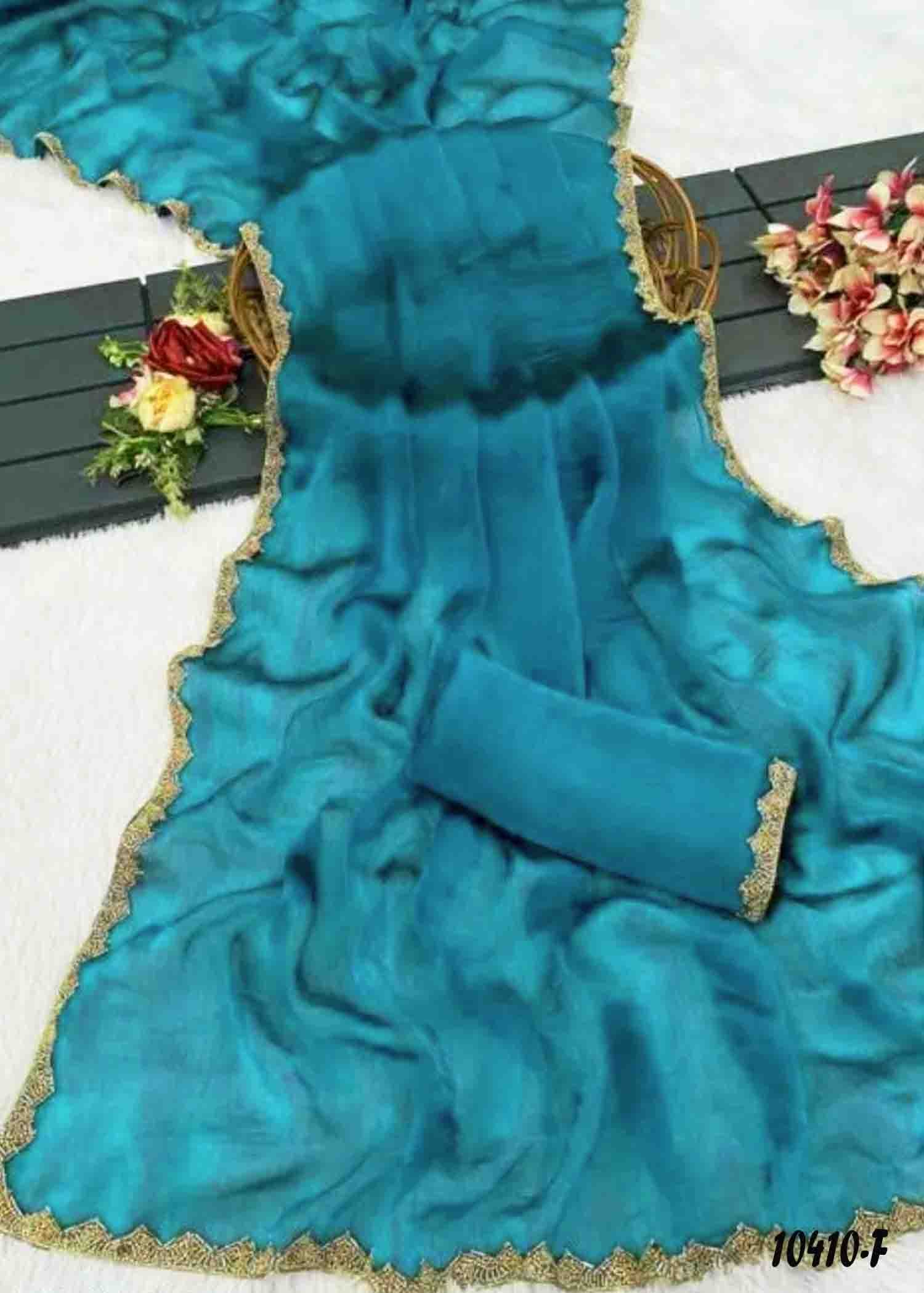 Arunya - 10410-F Cyan Color Beautiful Plain Space Silk Saree CM1305855 (LR8D)