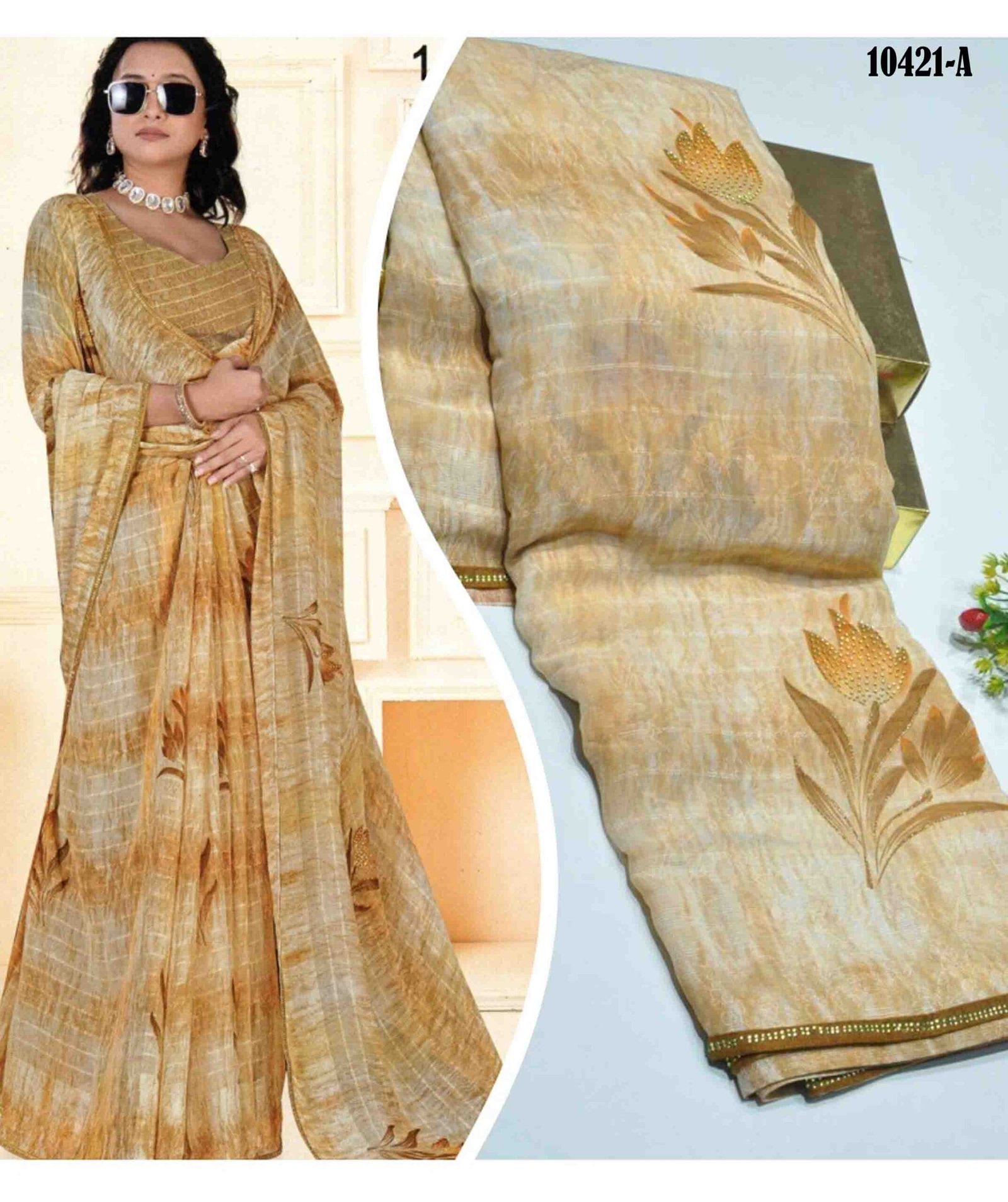 Rose Garden - 10421-A Tan Color Floral Print Georgette Saree CM1310200 (LR10C)