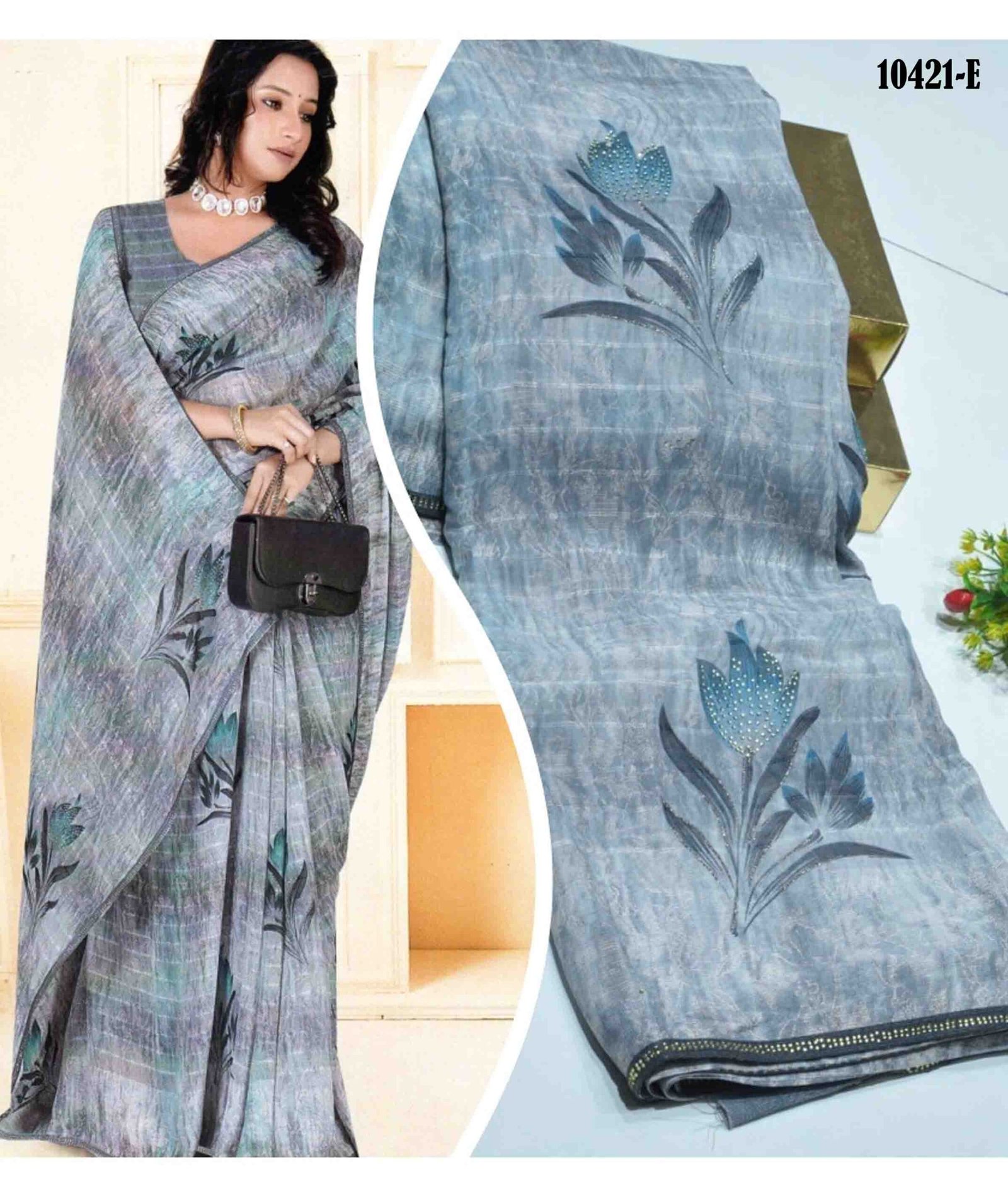 Rose Garden - 10421-E Ash Color Floral Print Georgette Saree CM1310200 (LR10C)