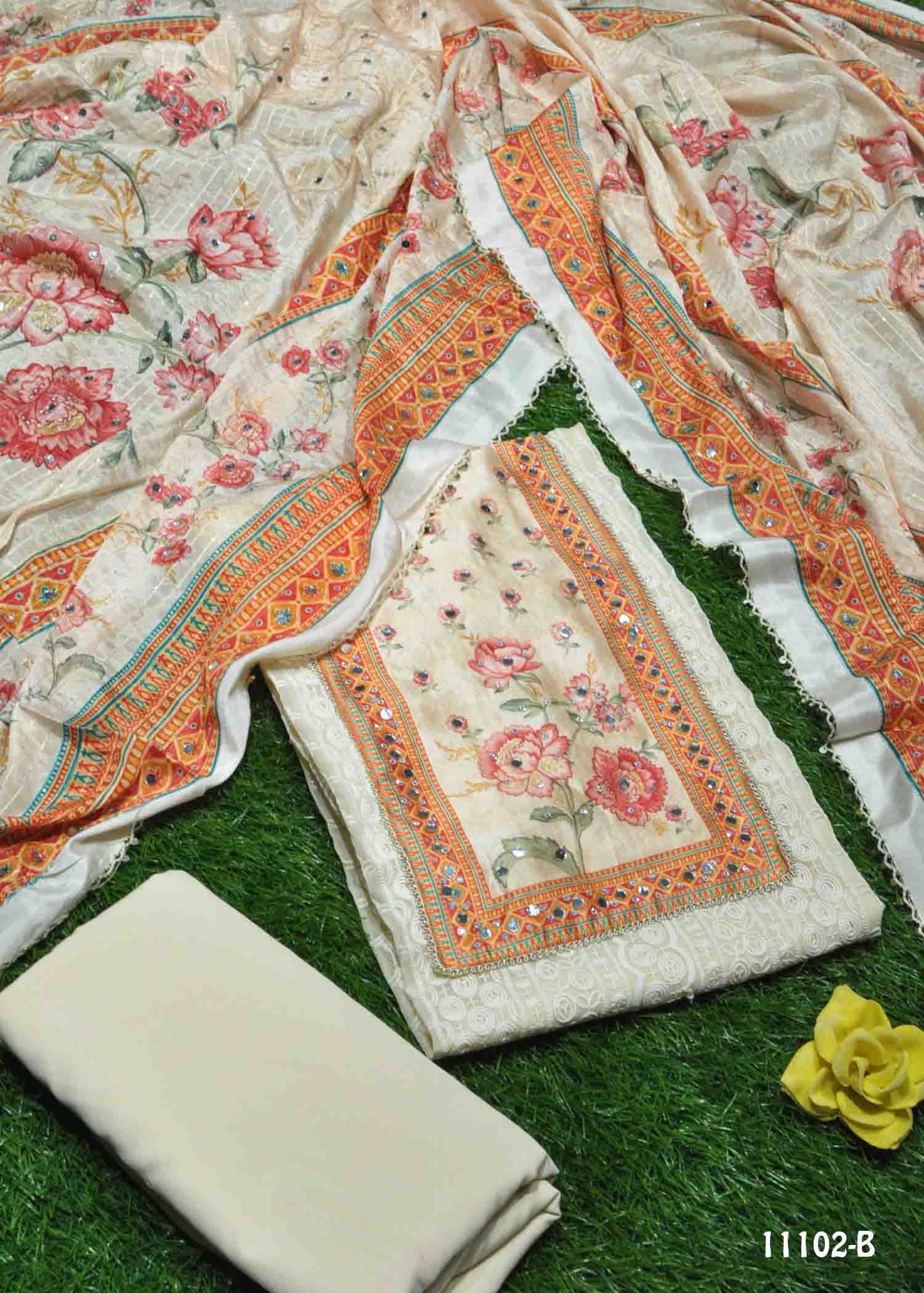 Thanushmitha - 11102-B LatteTan Color Geometric Pattern Dupatta and Top Fabric with Mirror work CM1317382 (LR2E)