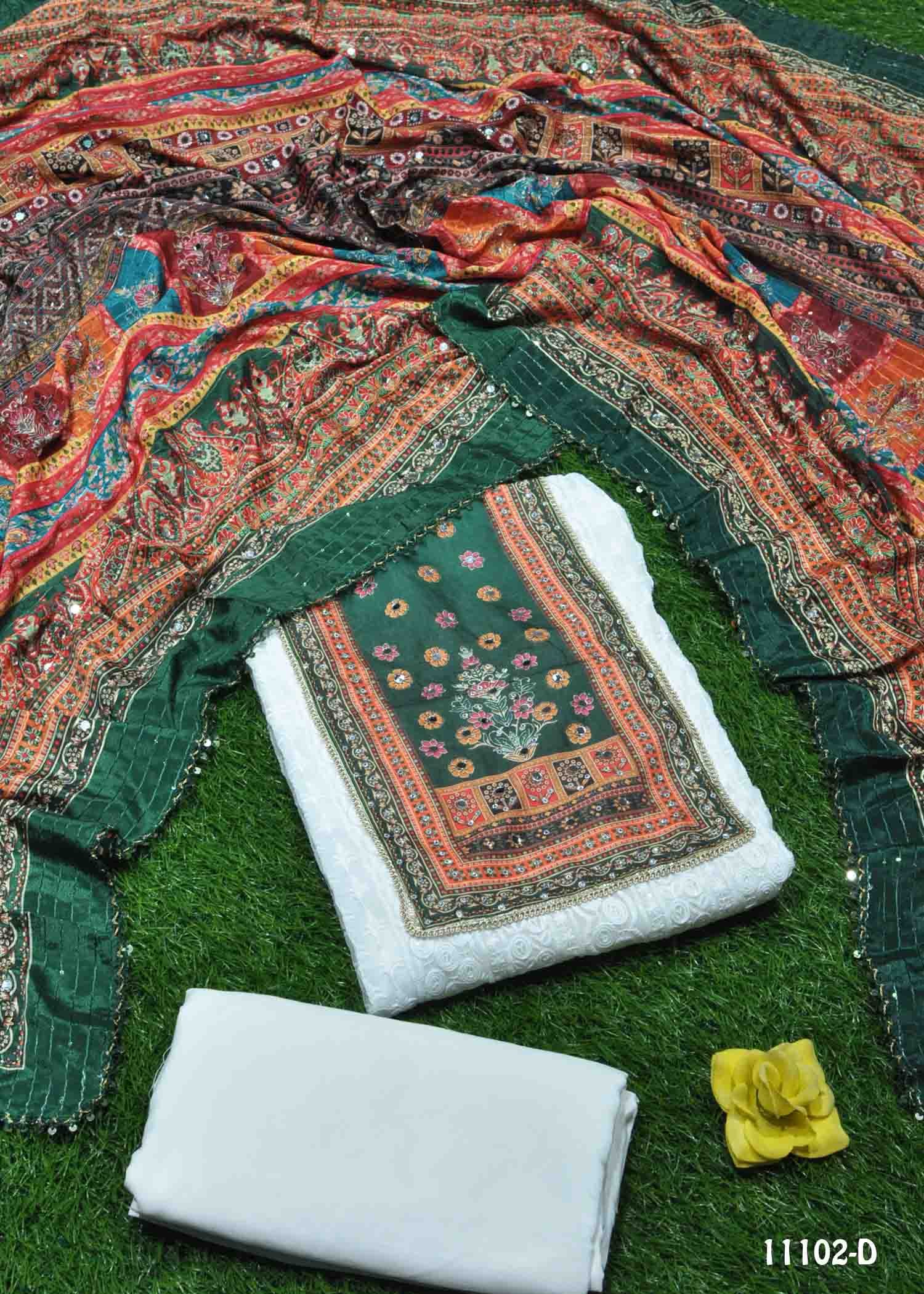 Thanushmitha - 11102-D White Color Geometric Pattern Dupatta and Top Fabric with Mirror work CM1317382 (LR2E)