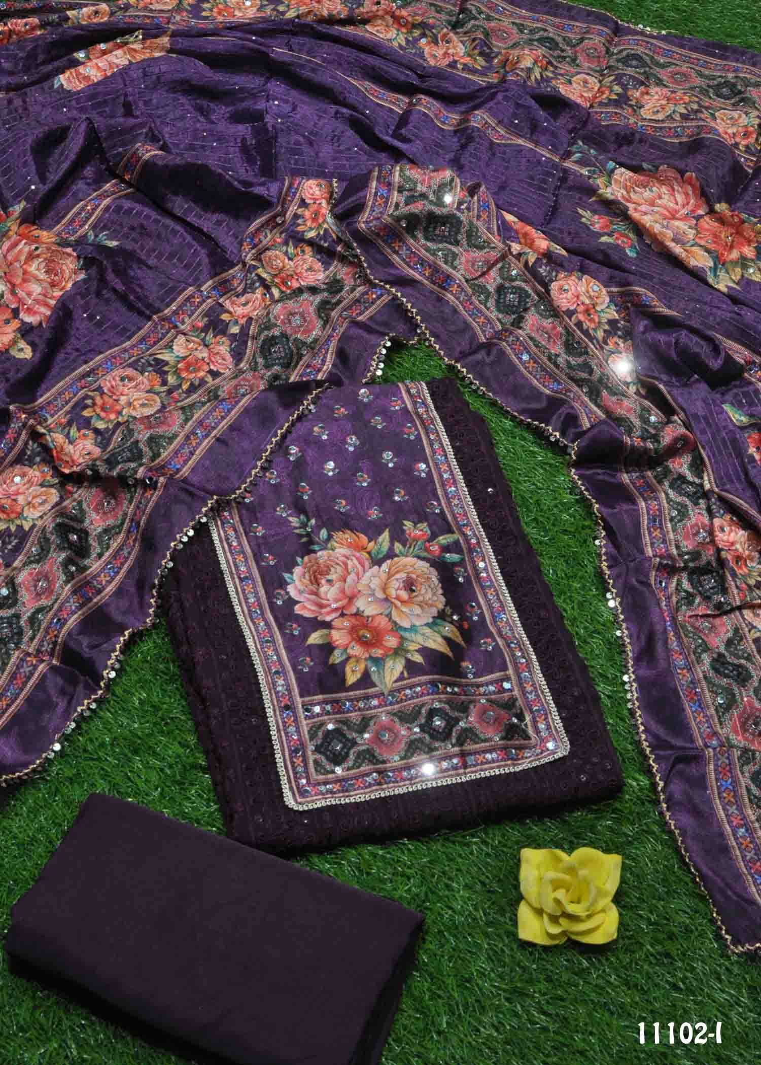 Thanushmitha - 11102-I Violet Color Geometric Pattern Dupatta and Top Fabric with Mirror work CM1317382 (LR2E)