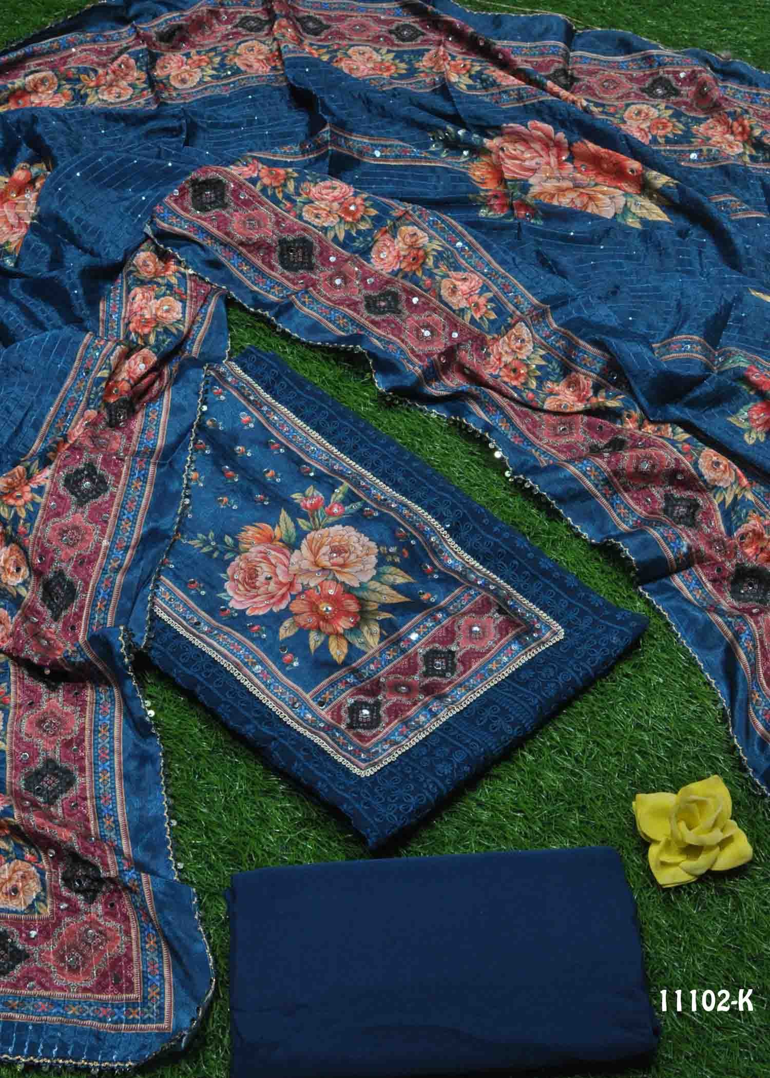 Thanushmitha - 11102-K PeacockBlue Color Geometric Pattern Dupatta and Top Fabric with Mirror work CM1317382 (LR2E)