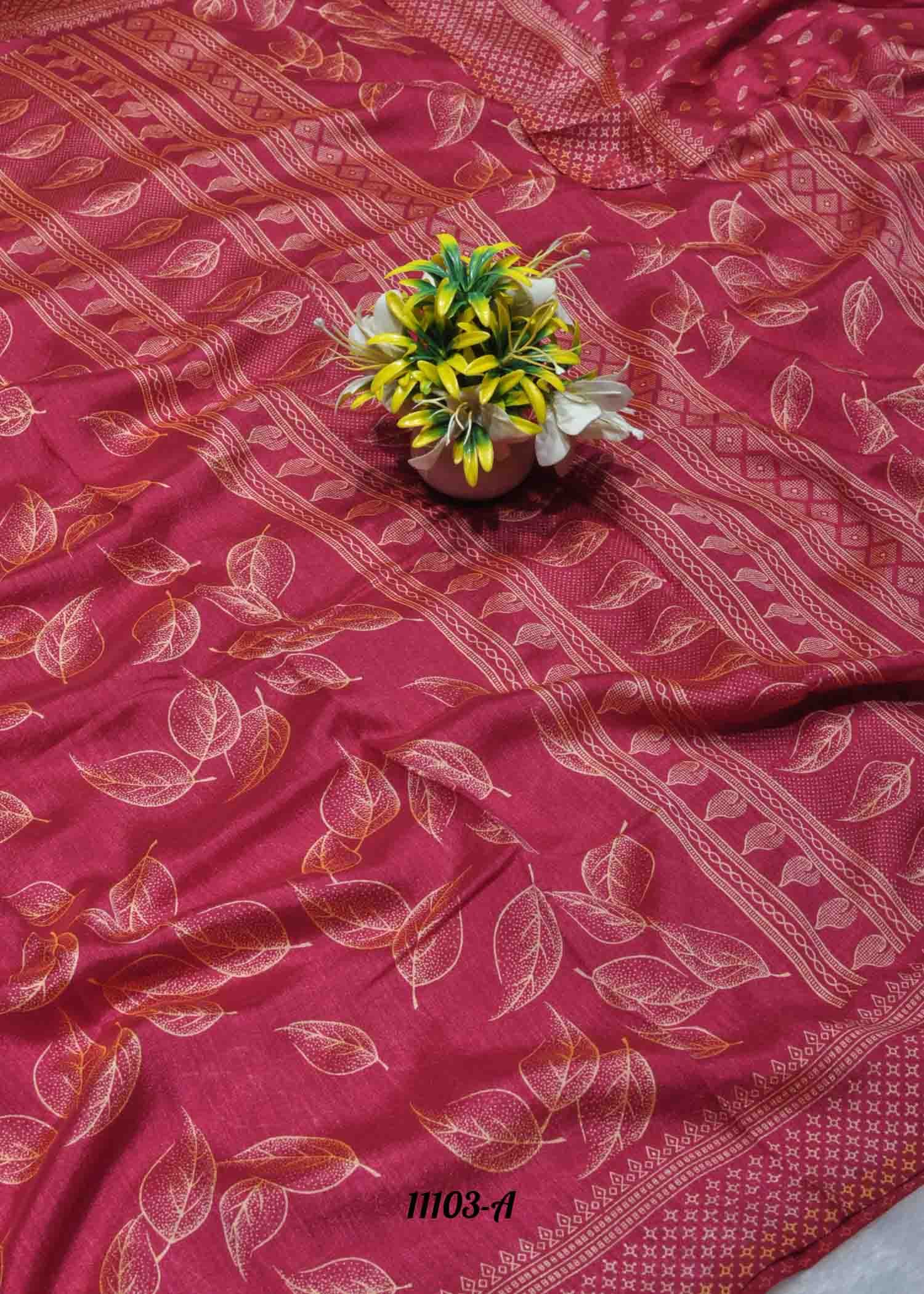 Aadarshini - 11103-A Pink Color Leaf Print Crepe Saree CM1317319 (LR11D)