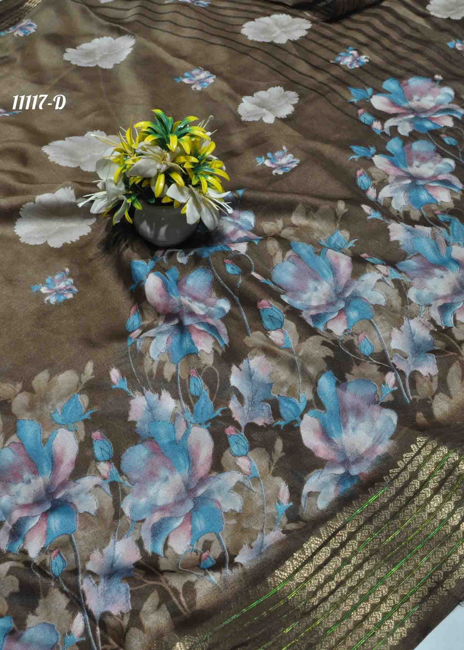 Iniya -11117-D Brown Color Digital Print Moss Chiffon Saree CM1317099 (LR11C)