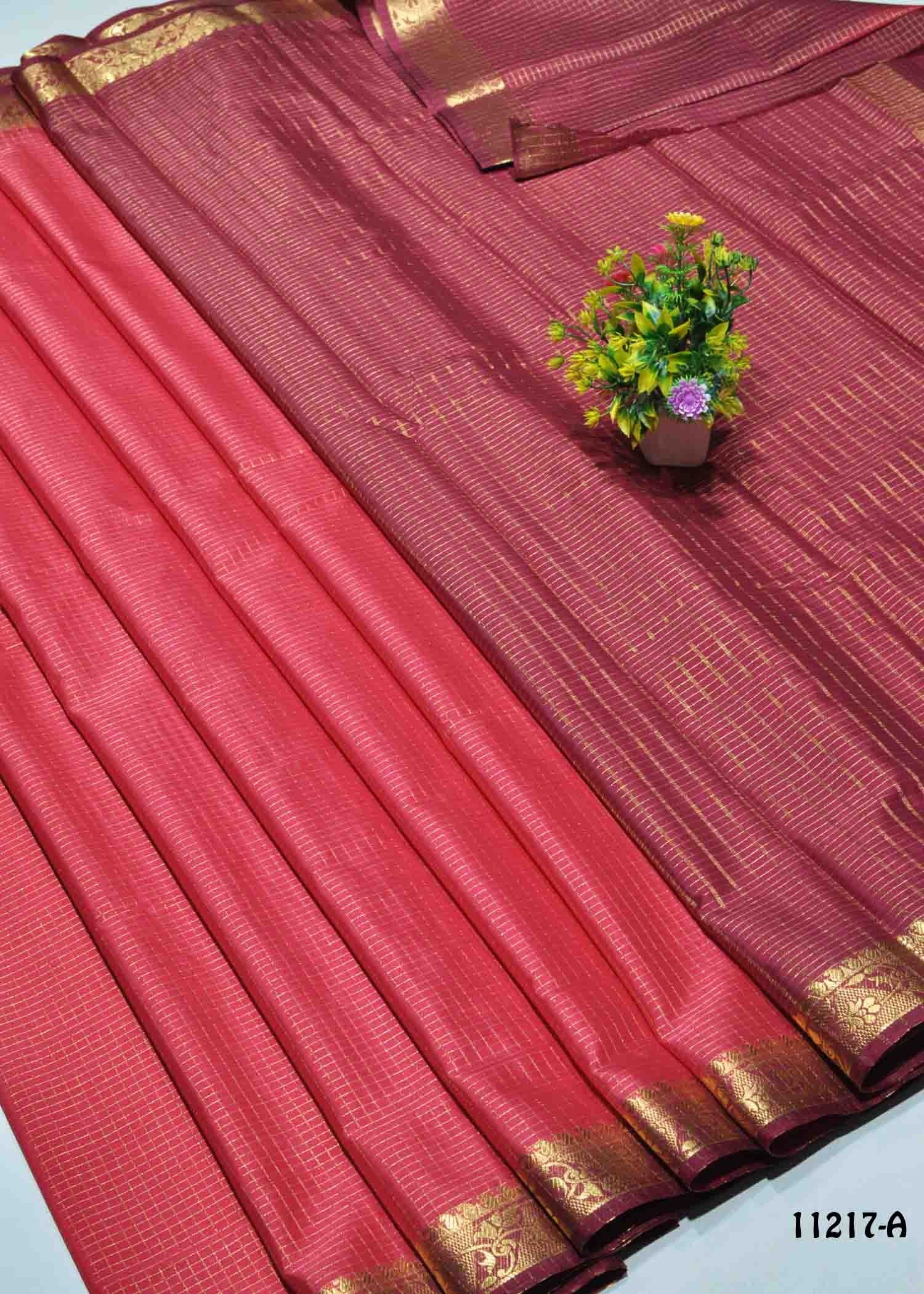 Ekisha - 11217-A RoseRed Color Checked Mysore Crepe Silk Saree CM1291453 (RR3D)