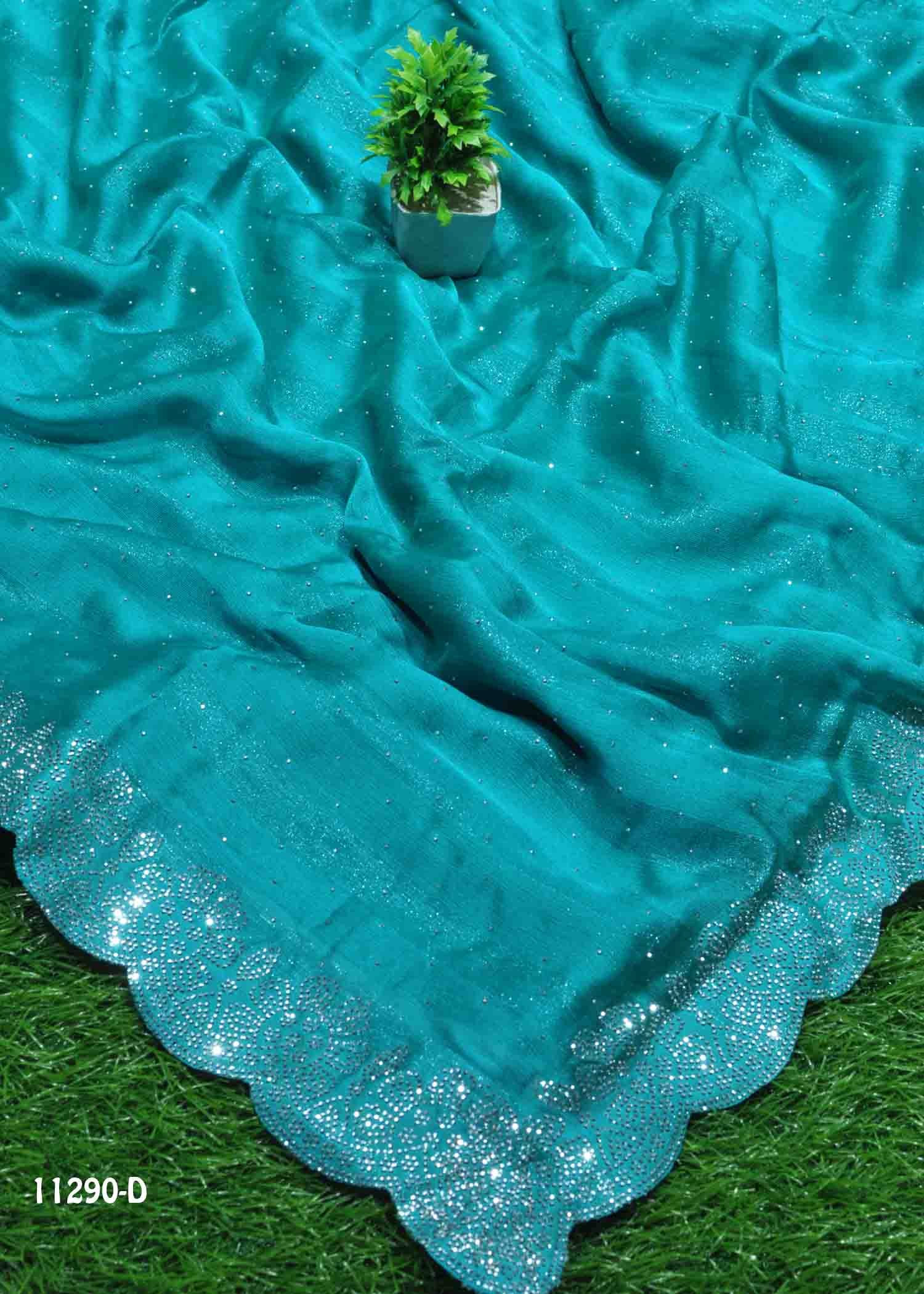 Ashwanthika - 11290-D PineGreen Color Stone Work Chiffon Saree CM1315886 (LR10D)