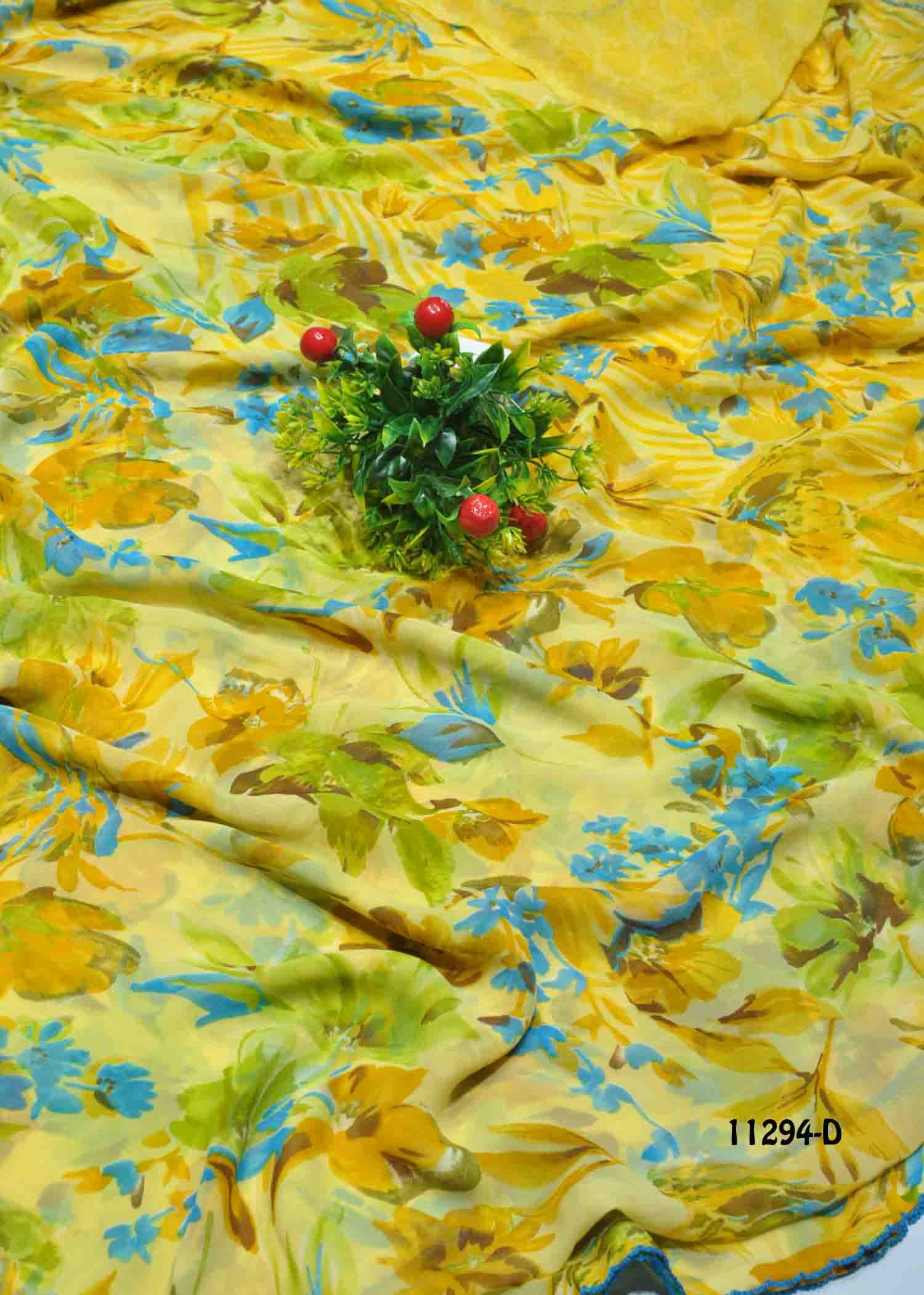 Kuyili - 11294-D Yellow Color Floral Print Synthetic Saree CM1295859 (LR11D)