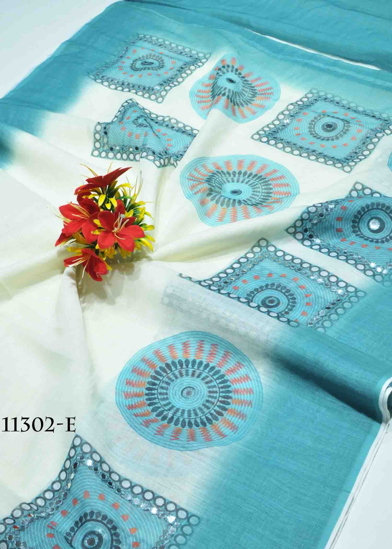 Sethika - 11302-E Halfwhite With Blue Color Elegant Look Linen Cotton Saree CM1310583 (RR6C)