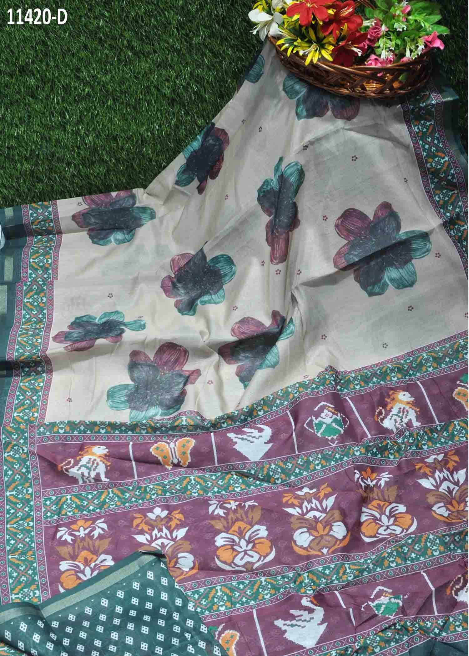 Raheema - 11420-D Tan With Green Color Trending Fancy Cotton Saree CM1254954 (RR7C)