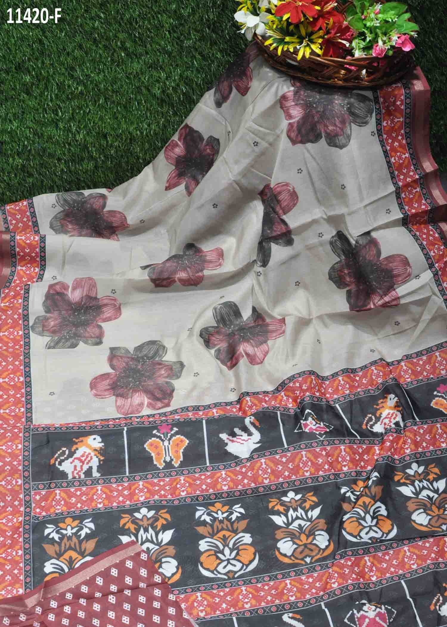 Raheema - 11420-F Tan With Red Color Trending Fancy Cotton Saree CM1254954 (RR7C)