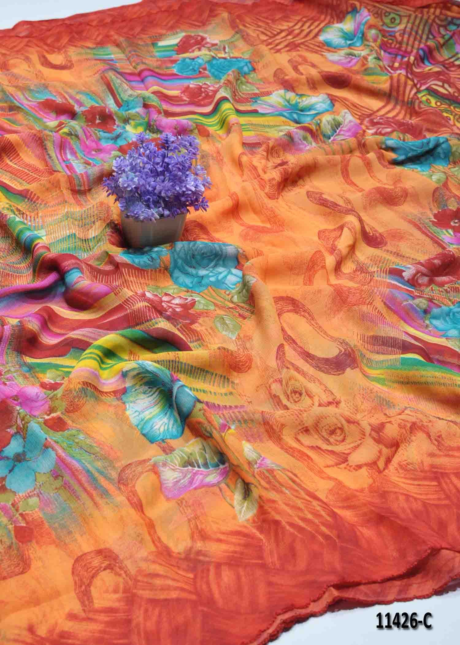 Kamali - 11426-C Orange Color Roll Chiffon Saree CM1294080 (RR10C)