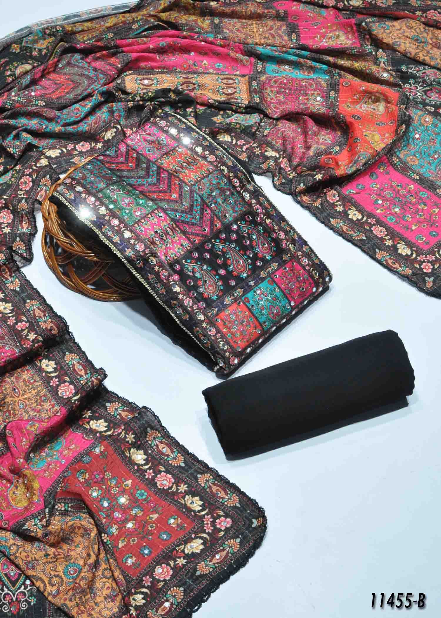 Gujrati - 11455-B Black & Multi-colored Geometric Pattern Dupatta and top fabric with Mirror work CM1314537 (LR1D)