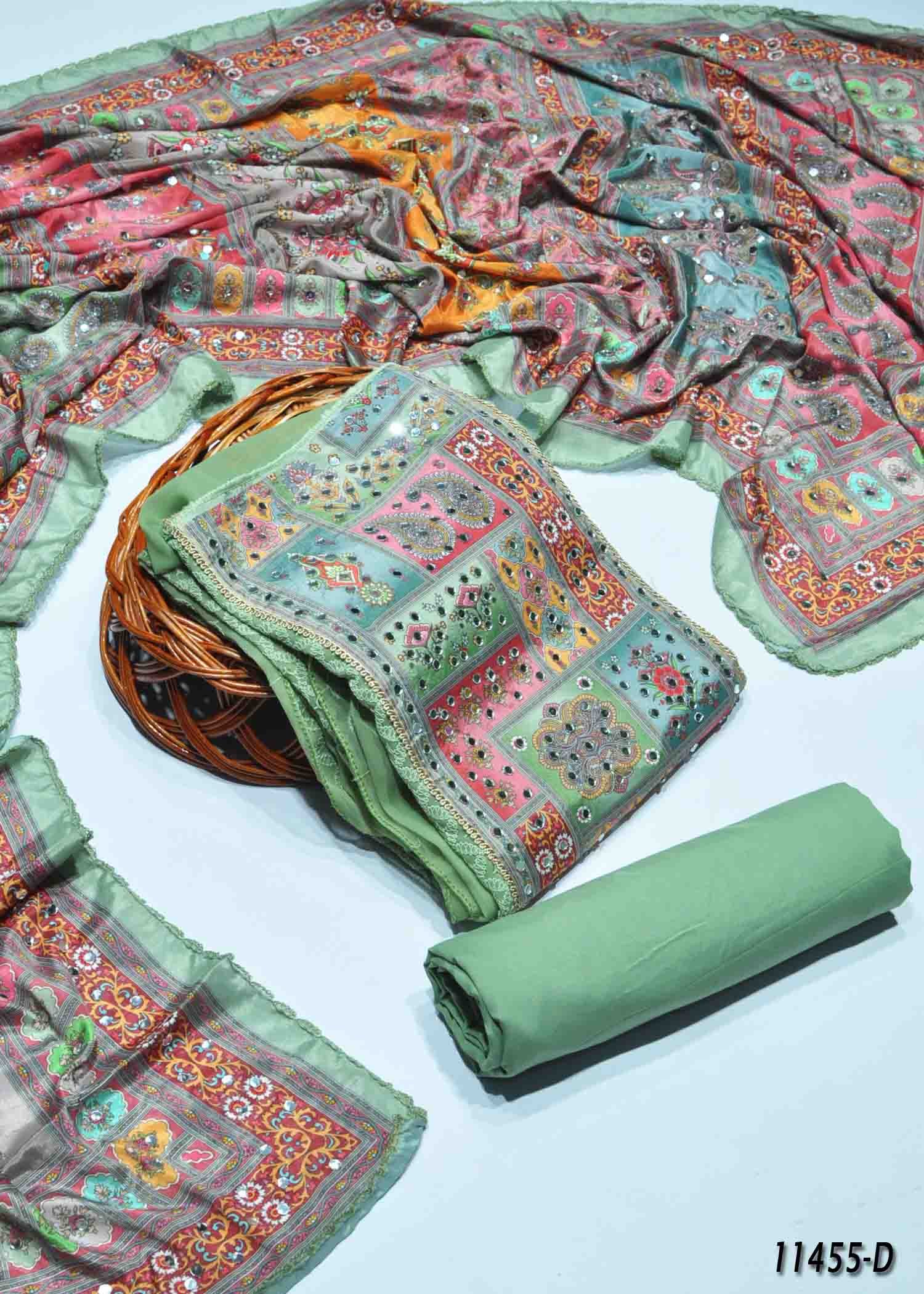 Gujrati - 11455-D Green & Multi-colored Geometric Pattern Dupatta and top fabric with Mirror work CM1314537 (LR1D)