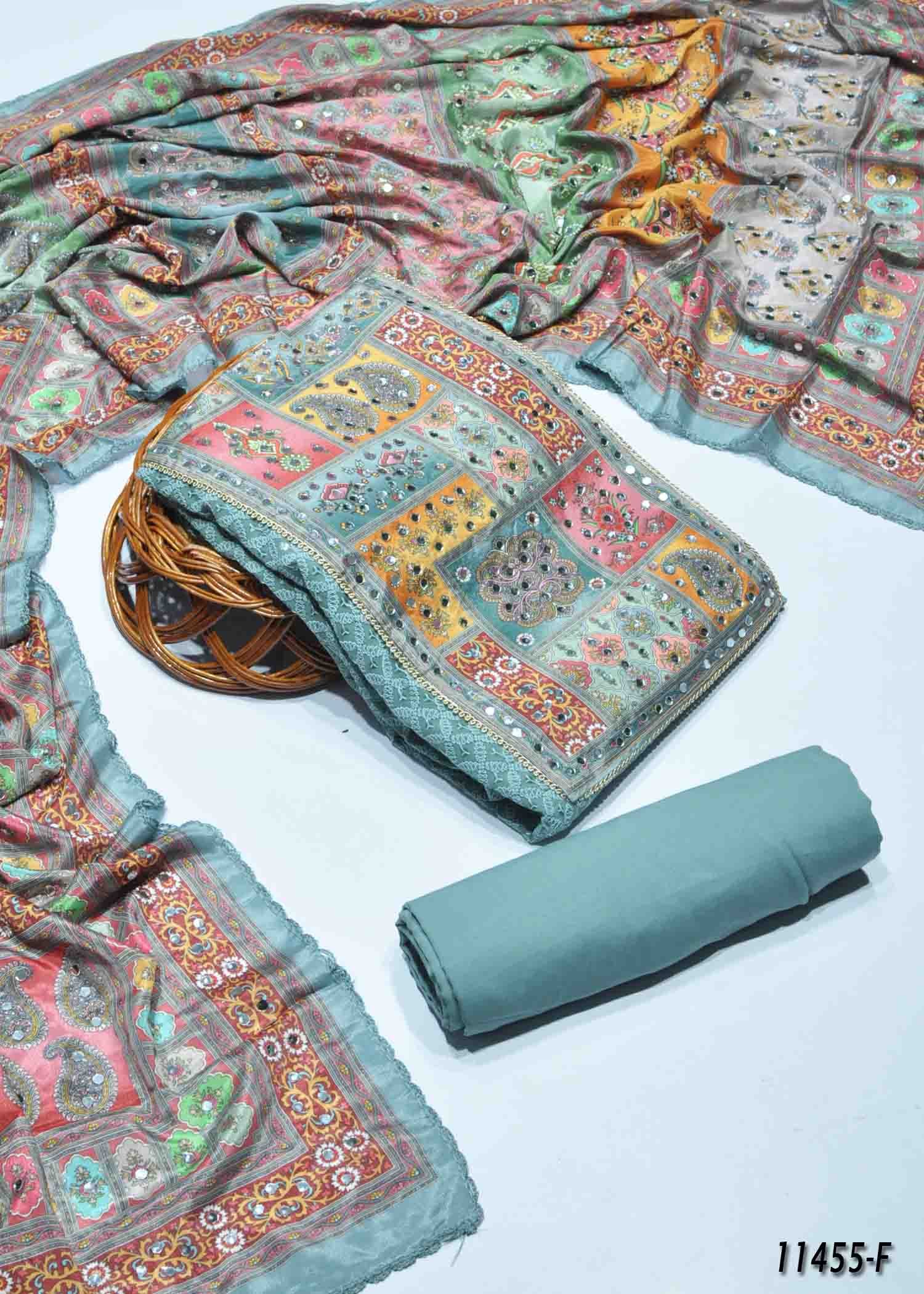 Gujrati - 11455-F CornflowerBlue & Multi-colored Geometric Pattern Dupatta and top fabric with Mirror work CM1314537 (LR1D)